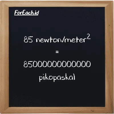 Cara konversi newton/meter<sup>2</sup> ke pikopaskal (N/m<sup>2</sup> ke pPa): 85 newton/meter<sup>2</sup> (N/m<sup>2</sup>) setara dengan 85 dikalikan dengan 1000000000000 pikopaskal (pPa)
